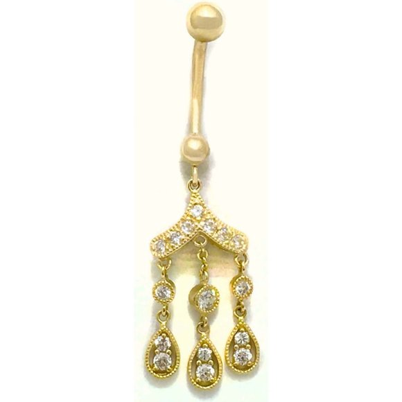 Created White Sapphire Chandelier Belly Navel Ring Solid 14k Gold